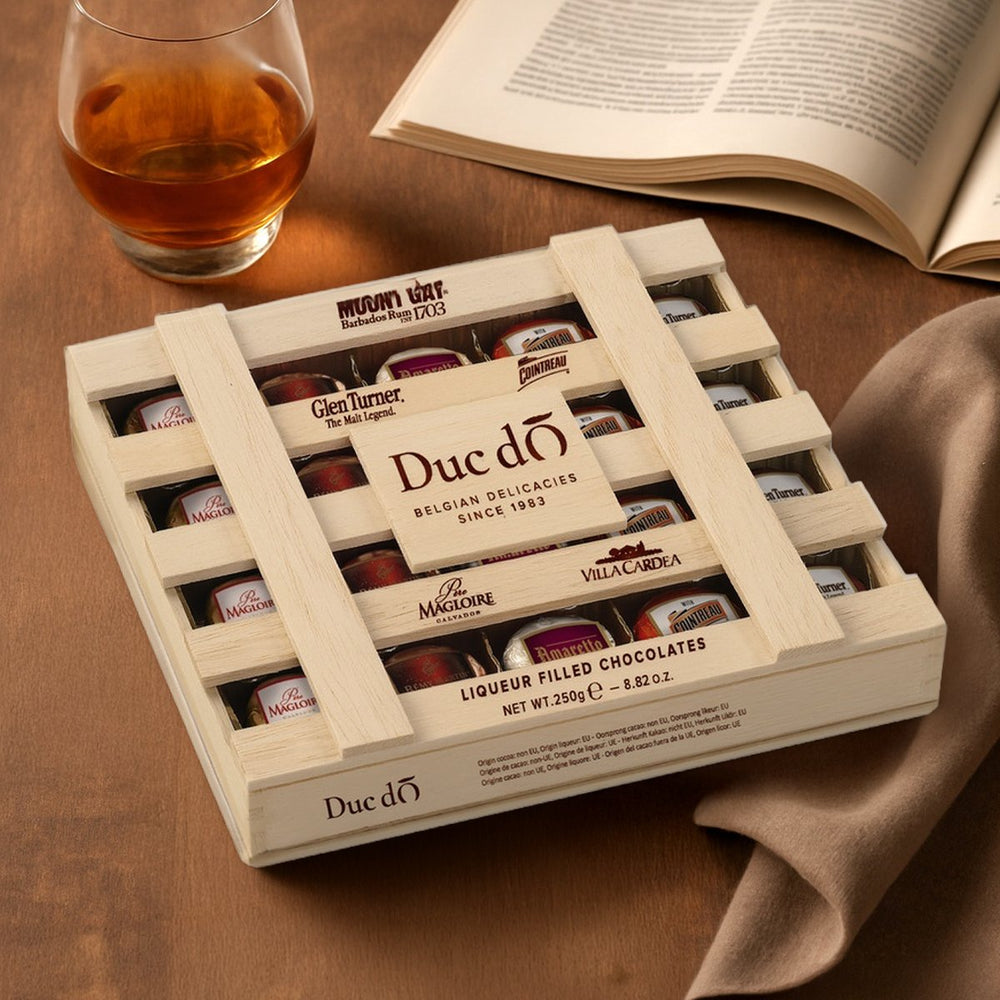 Chocolate Liqueurs in a Wooden Crate