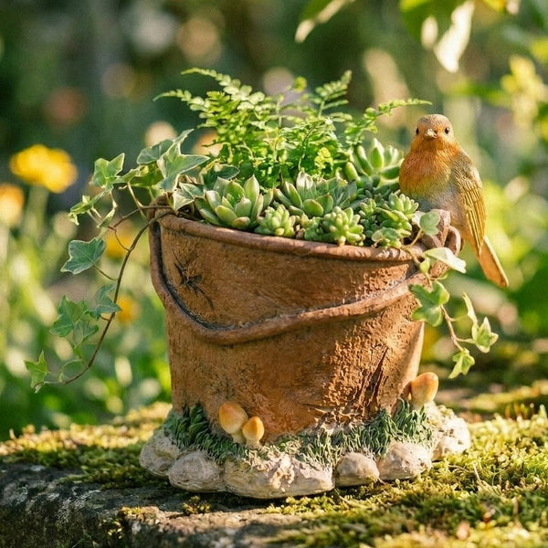 Robin on Rusty Pail Planter