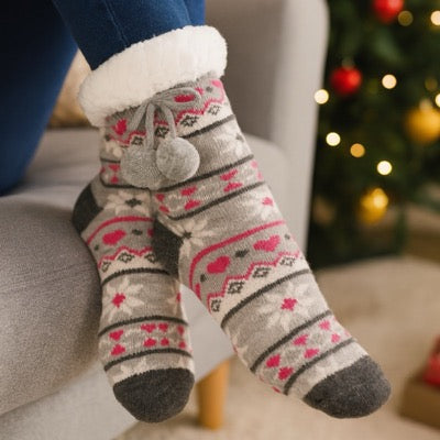 Ladies Grey Fairisle Slipper Socks