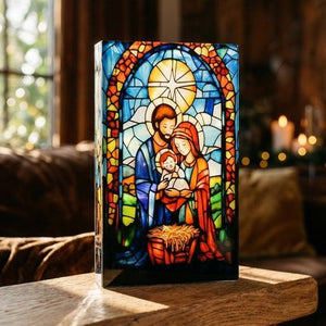 Lit Stained Glass Nativity Scene