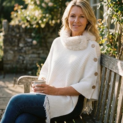 White Buttoned Faux Fur Collar Poncho