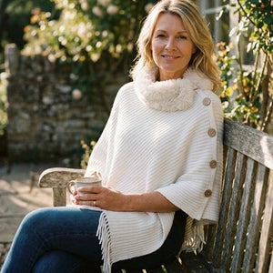 White Buttoned Faux Fur Collar Poncho