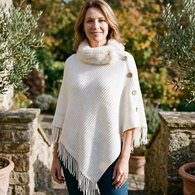 White Buttoned Faux Fur Collar Poncho