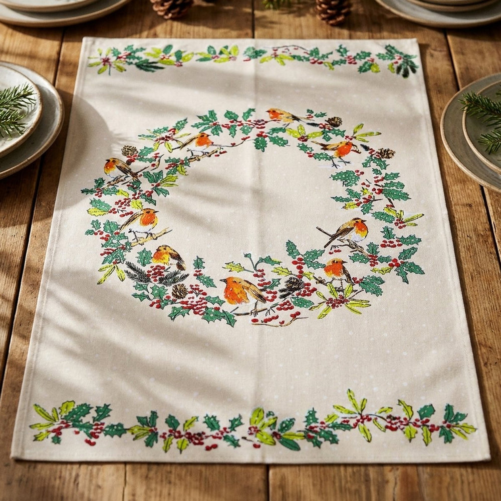Christmas Robins Tea Towel
