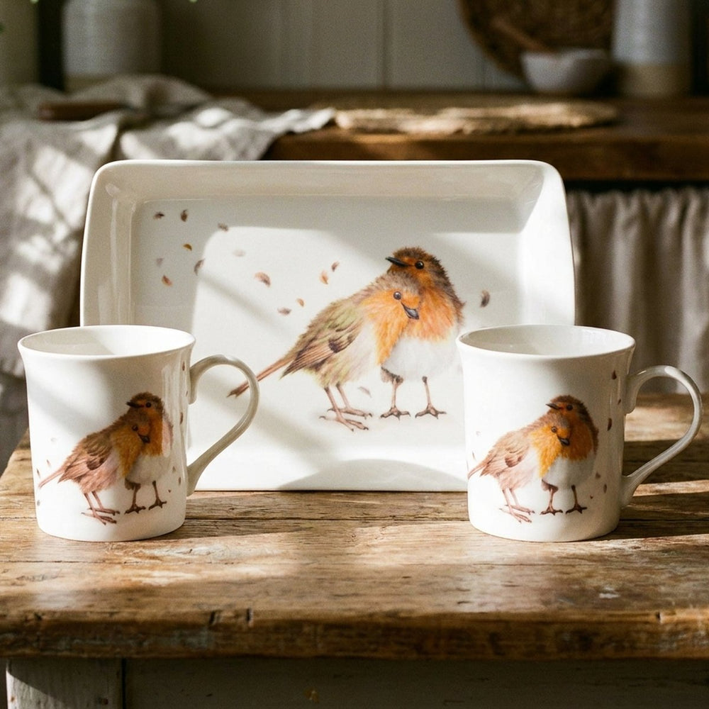 Robins Love Birds Mugs & Tray Set